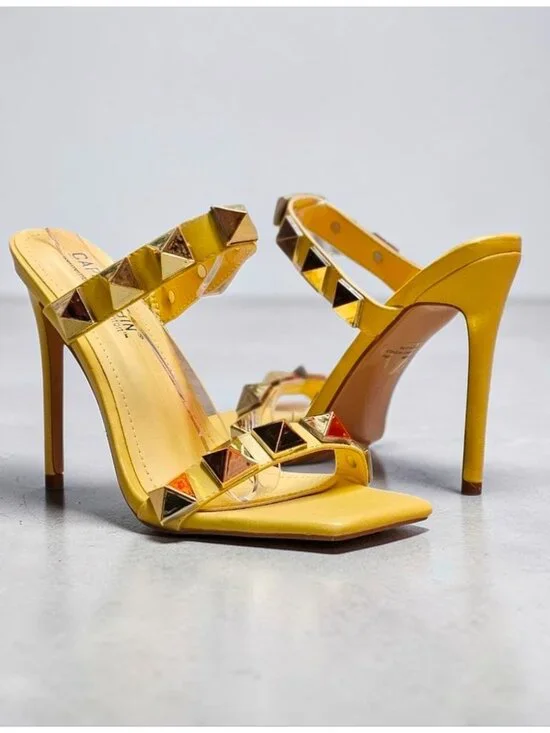 Yellow Studded High Heel Sandals With Straps & Square Toe Design For Women - Picture 11 of 15